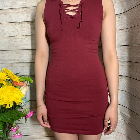 Burgundy -Red Garage Bodycon Dress - Picture 2 of 11